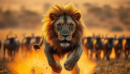Intense Lion Chase in the Savanna