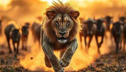 Intense Lion Chase in the Savanna