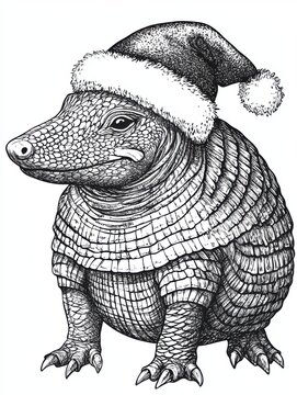 recommend clip art: Black and white Vintage engraved art of a full-body armadillo wearing a Christmas Santa hat, isolated on white background, ink sketch illustration, simple vector art design, highly detailed line
