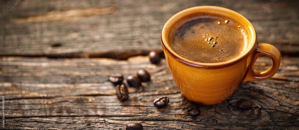 Poster close up of a coffee cup on a wooden table. with copy space image. place for adding text or design