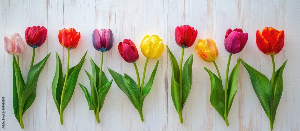 Poster variety of tulips on white wooden backgrounds gift idea. with copy space image. place for adding tex