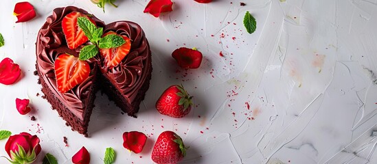 Valentine s Day treat Mini heart shaped chocolate sponge cakes topped with strawberry and mint Top view on a white background with rose flowers and copy space