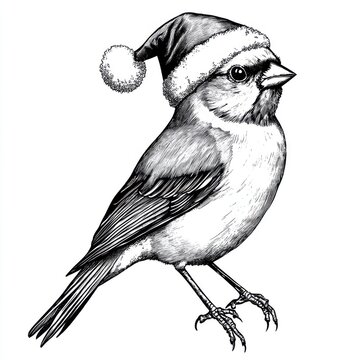 recommend clip art: Black and white Vintage engraved art of a Goldfinch wearing a Christmas Santa hat, isolated on white background, ink sketch illustration, simple vector art design, highly detailed line art, 