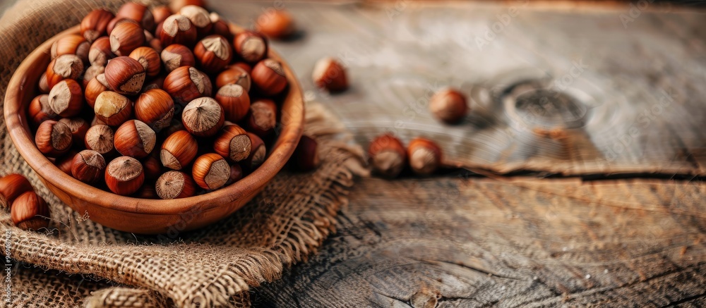 Poster Delicious hazelnuts on a wooden table top view Room for text. with copy space image. Place for adding text or design