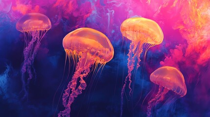 A stunning underwater scene featuring glowing jellyfish drifting through vibrant colors, showcasing the beauty of marine life.