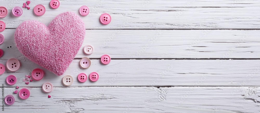 Aufkleber Textile heart and pink buttons on a white wooden background Valentine s Day backdrop Selective focus. with copy space image. Place for adding text or design