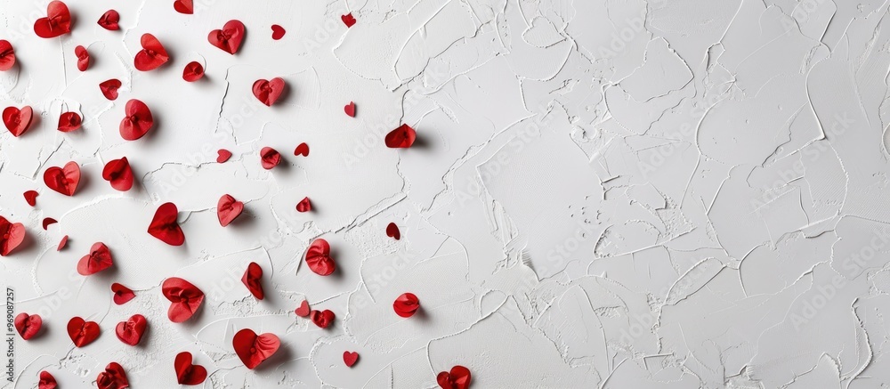 Poster a gray photo frame featuring flying red decorative hearts is set against a white background valentin