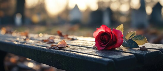 A solitary rose placed on a memorial bench in a cemetery with copy space