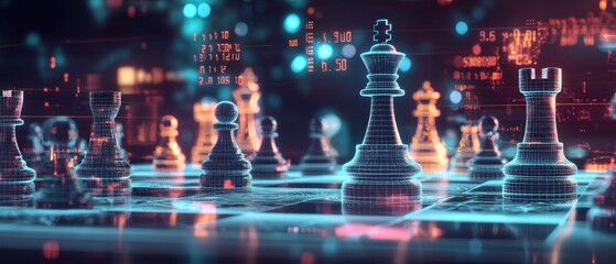 Digital Chessboard with Wireframe King and Rook