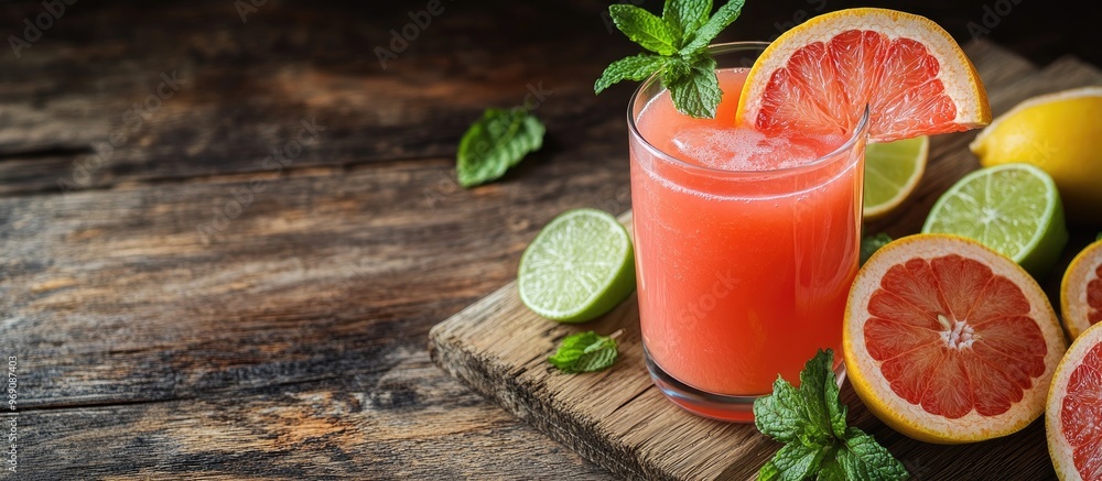 Poster fresh grapefruit juice in a glass accompanied by grapefruit slices lime and mint on a wooden surface