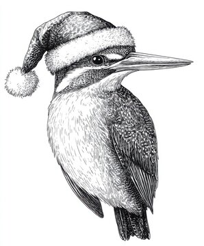 recommend clip art: Black and white Vintage engraved art of a Kingfisher wearing a Christmas Santa hat, isolated on white background, ink sketch illustration, simple vector art design, highly detailed line art,