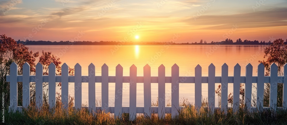 Poster A white classic fence frame during evening sunset on the river shore waterfront district suitable for walking featuring soft colors and ample copyspace for your text