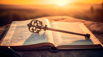 Antique key on an open book at dawn