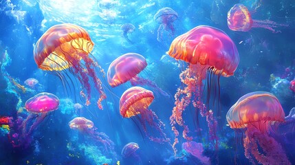 A vibrant underwater scene featuring colorful jellyfish gracefully swimming in a serene ocean environment.