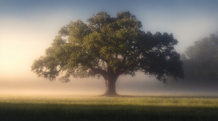 Fototapeta premium A tranquil scene of a large, old oak tree in a misty morning meadow. The fog wraps around