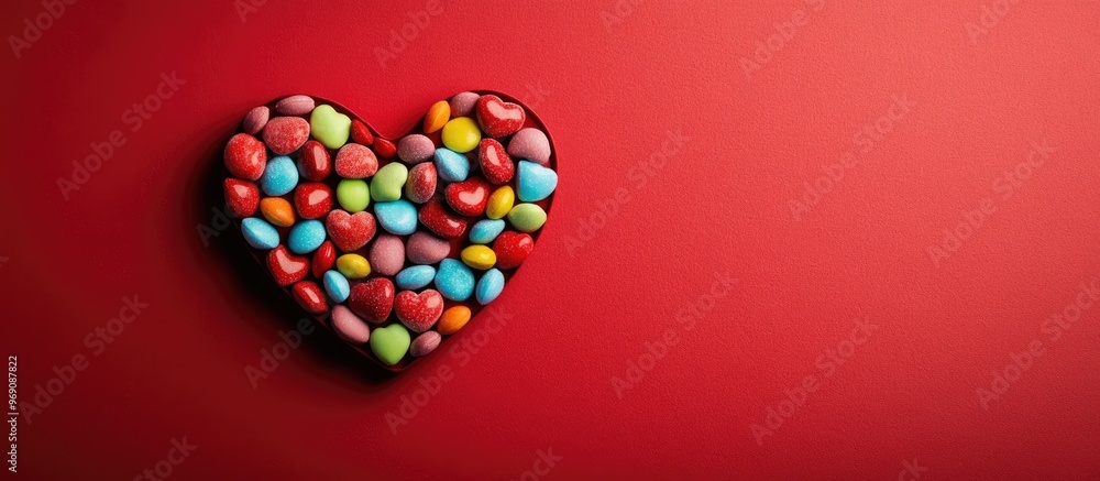 Poster Heart shaped candies with messages for Valentine s Day on a red background for flat lay copy space