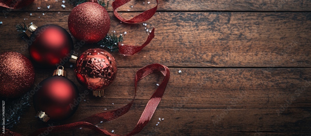 Poster christmas ornaments baubles and ribbon on a wooden surface. with copy space image. place for adding 
