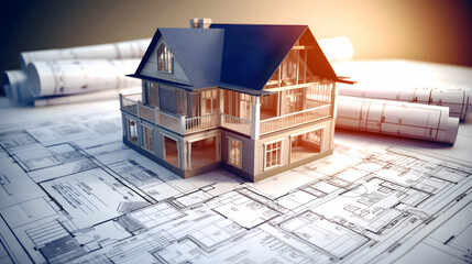 Architectural model of a modern house surrounded by financial graphs,