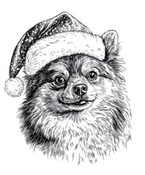 recommend clip art: Black and white Vintage engraved art of a Pomeranian wearing a Christmas Santa hat, isolated on white background, ink sketch illustration, simple vector art design, highly detailed line