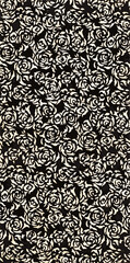 Vintage-inspired pattern of stylized off-white roses on a black background, evoking elegance and classic charm.