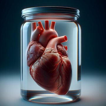 Human heart preserved in a glass jar filled with formalin