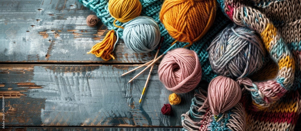 Poster balls of wool yarn a small knitted hat and wooden knitting needles on a wooden surface craft hobby c