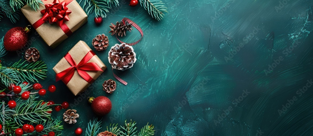 Aufkleber christmas gift box adorned with red decorations and a fir tree branch on a green background top view