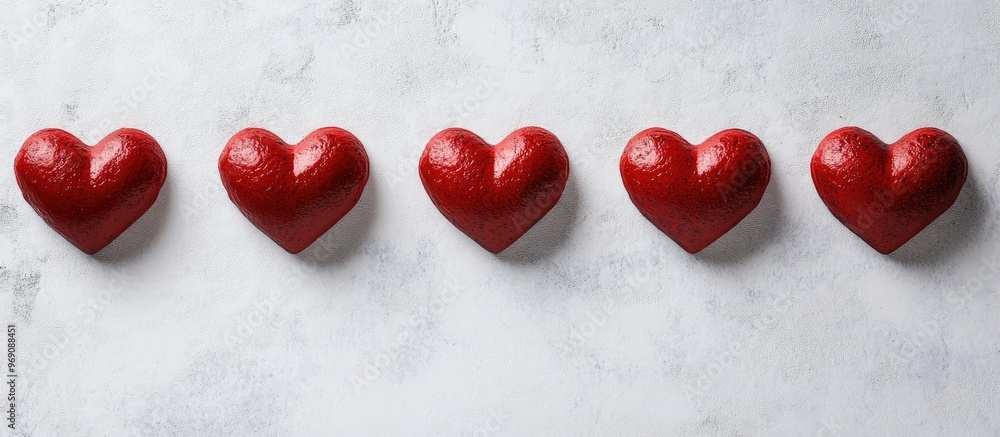 Poster Eight textured red hearts are arranged in a row on a white or gray background a St Valentine s Day backdrop featuring space for text minimalistic style. with copy space image