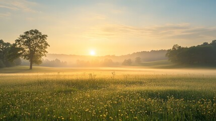 A tranquil scene of the sun rising over a calm, misty meadow. The soft morning light gently warms the landscape, creating a peaceful and serene atmosphere.