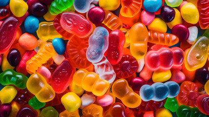 Assorted colorful gummy candies arranged in a vibrant display,