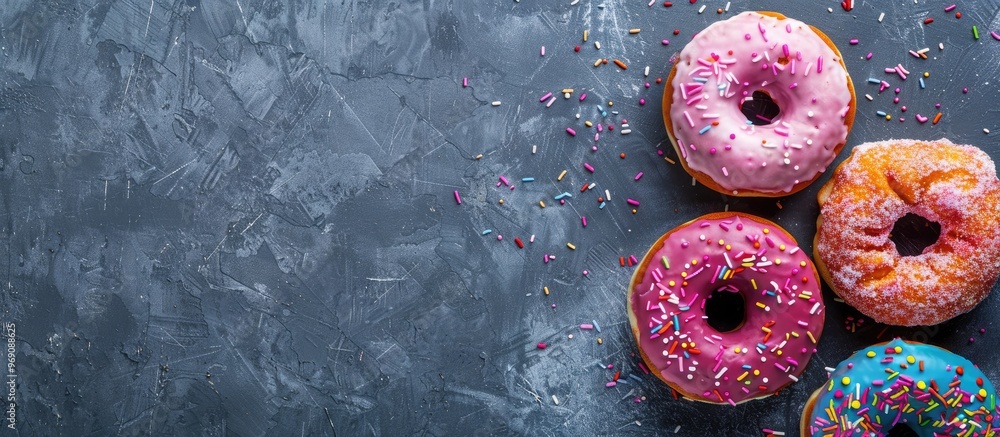 Poster Chalkboard and vibrant donuts on a stone table Overhead view with room for your text. with copy space image. Place for adding text or design