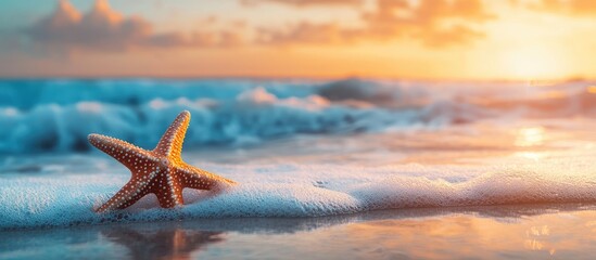 Fototapeta na wymiar Starfish on a tropical beach ocean waves during a warm sunset Ideas related to travel vacations and holidays. with copy space image. Place for adding text or design