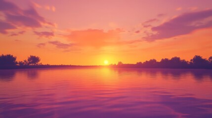 Obraz premium A tranquil summer evening scene with a stunning sunset over a calm lake. The sky is painted in warm hues of orange, pink, and purple, reflecting beautifully in the still waters.