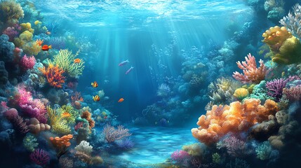 Breathtaking underwater scene featuring vibrant coral reef and colorful fish swimming peacefully in crystal-clear ocean water.