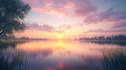 Fototapeta premium A tranquil summer evening scene with a stunning sunset over a calm lake. The sky is painted in warm hues of orange, pink, and purple, reflecting beautifully in the still waters.