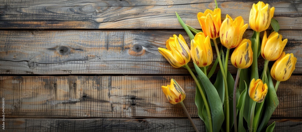 Poster a bouquet of yellow tulips with garlands on a white wooden board backdrop. with copy space image. pl