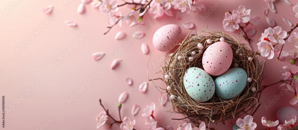 Poster colorful eggs in a nest with cherry blossoms on an abstract pink background a symbol of the easter h