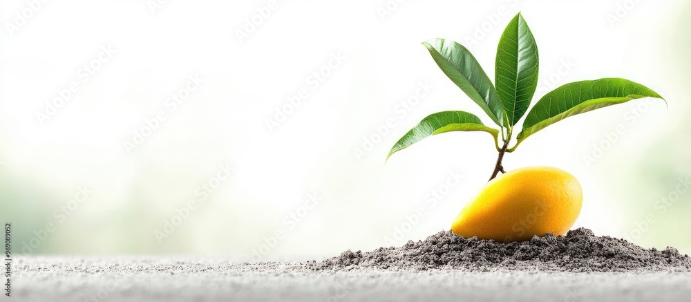 Poster mango sprout emerging from a tree on a white background with copy space