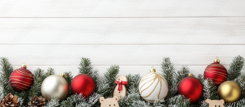 Poster christmas arrangement featuring fir branches golden and red balloons and wooden toys on a white wood