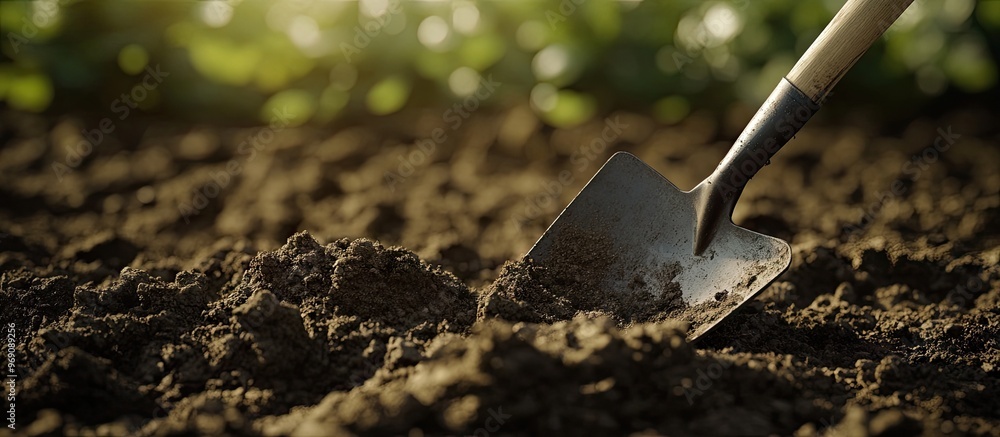 Poster the spade tills the garden soil. with copy space image. place for adding text or design