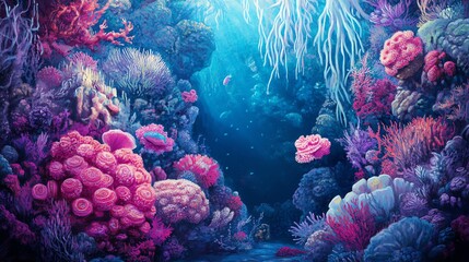 Obraz premium Vibrant coral reef teeming with life, showcasing colorful corals and serene underwater beauty in a deep ocean environment.