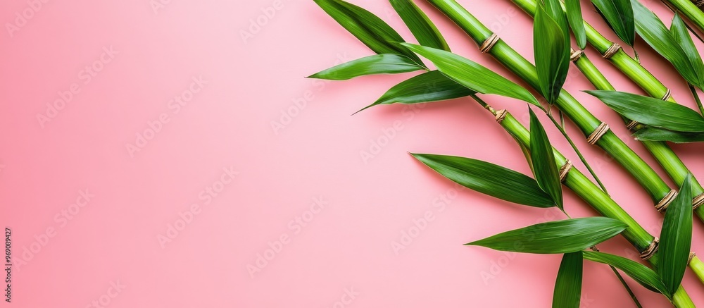 Poster bamboo shoot bamboo stem and leaves on a pink background viewed from above with copy space