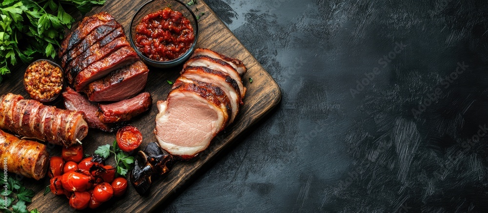 Poster pork smoked meat appetizer meal snack on the table with copyspace food background rustic