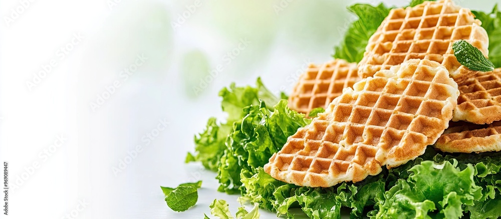 Poster tasty breakfast delicious vienna wafer with fresh green vegetables and salad leaves. with copy space