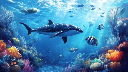 Vibrant underwater scene featuring a shark gliding gracefully among colorful corals and various fish species.