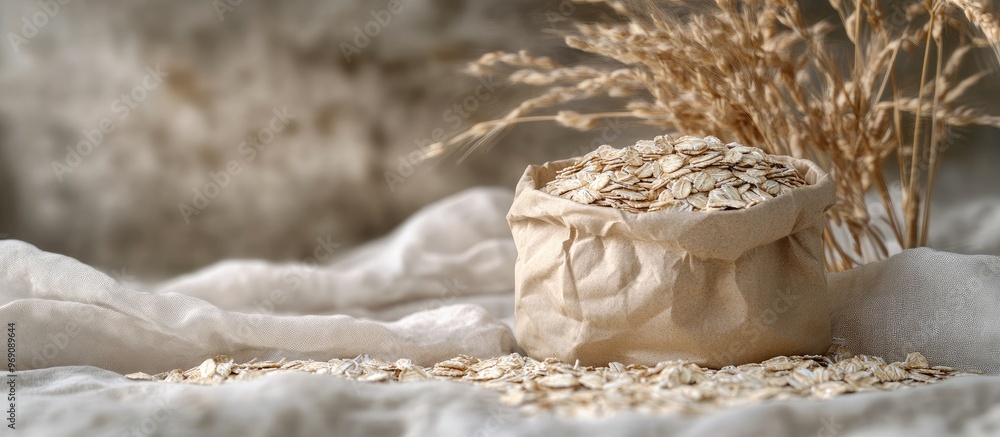 Poster dry natural oat flakes oatmeal in an eco friendly paper bag natural linen backdrop featuring the eco