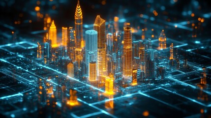 Futuristic city energy management system visualized in real-time: A holographic city model showing energy flow and usage data.