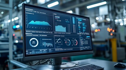 Modern computer screen displaying data analytics and performance metrics in a high-tech industrial environment.