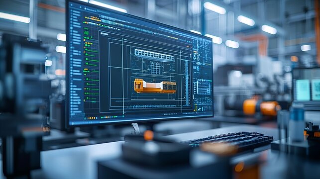 Close-up of a computer screen displaying engineering design software in a modern industrial workspace.