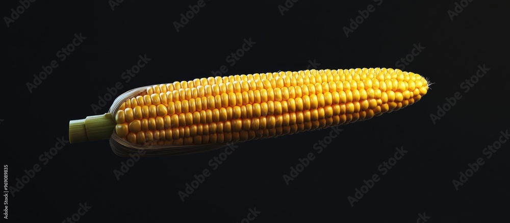 Poster isolated single corn cob on a black background. with copy space image. place for adding text or desi